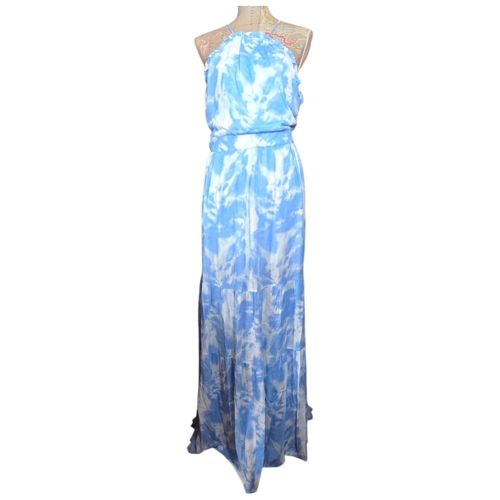 ALEXIA ADMOR Size 14 Blue White Apron Halterneck Open Back Tiered Maxi Dress NWT - Picture 2 of 14